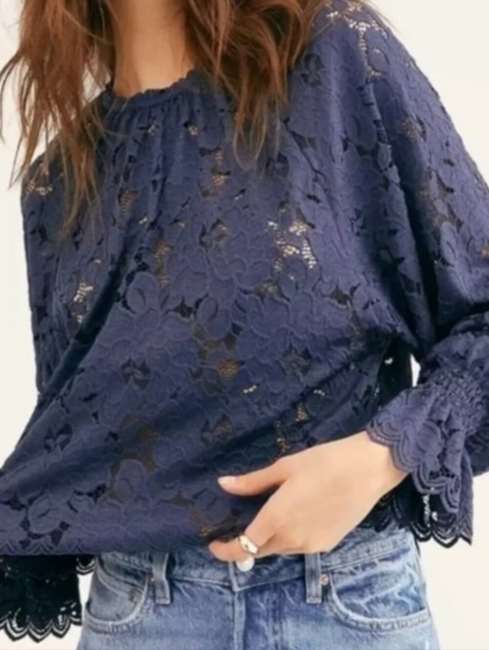 Free People Oliva Lace Bell Sleeved  Blouse Navy Coquette Fairy Flowy Sz XS